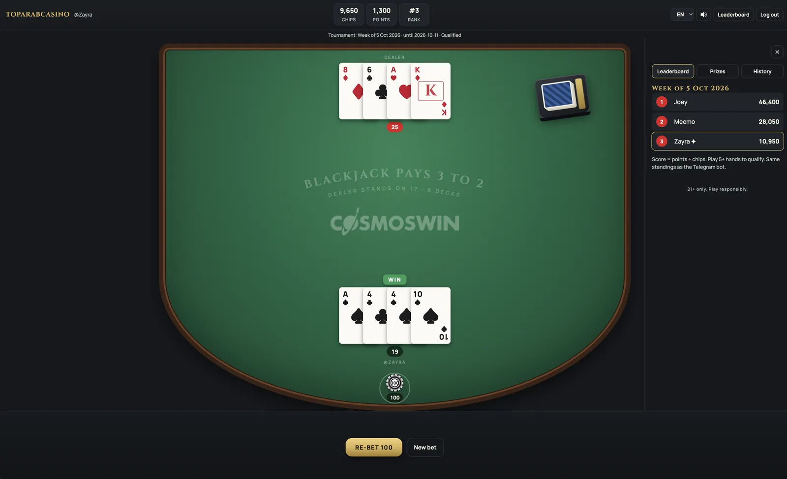English blackjack web table with a sponsor logo on the felt and the leaderboard panel open